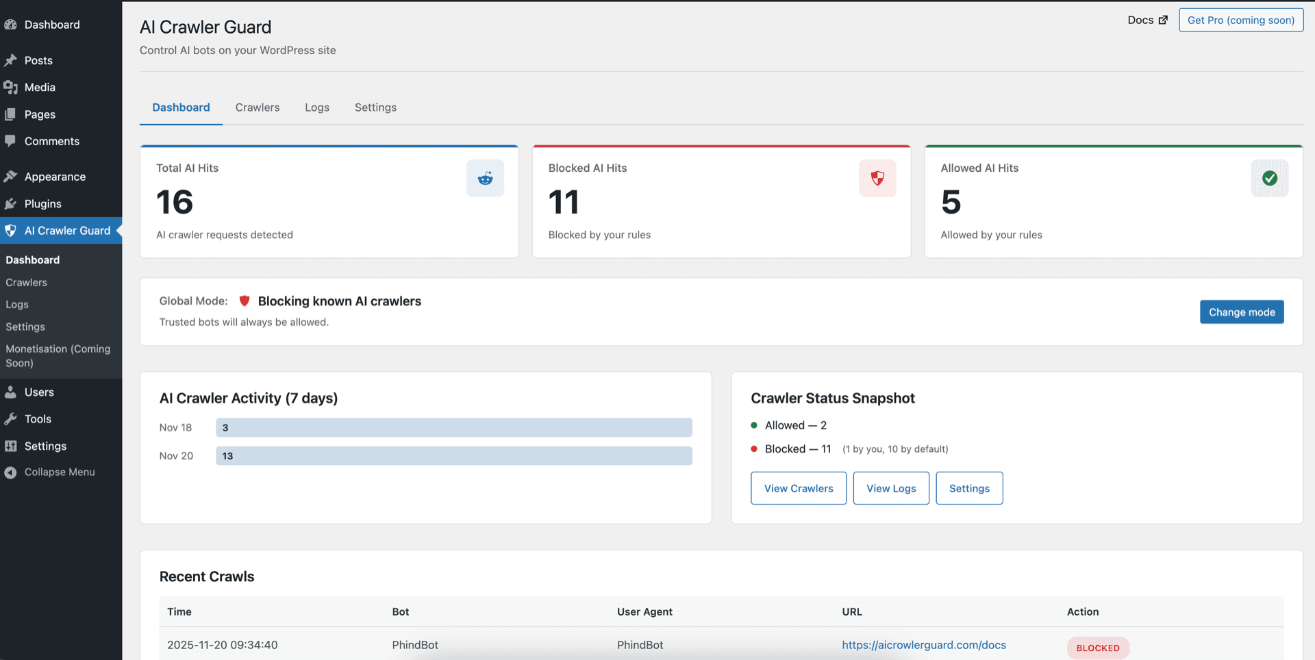 AI Crawler Guard dashboard showing detected bots